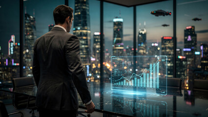 Obraz premium Ambitious businessman in modern office overlooking futuristic cityscape with holographic financial data, concept for corporate strategy, future technology and global business growth.