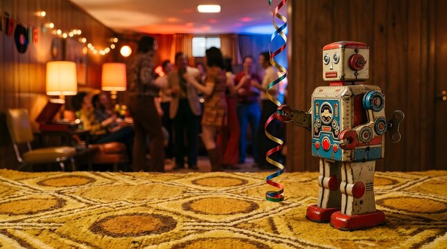 Metal toy robot standing on patterned carpet during a retro birthday party