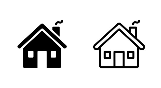 House with smoking chimney icon set in solid and outline design styles, property