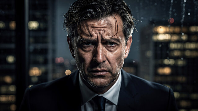 Close-up of a stressed businessman's face with furrowed brow, looking intensely at camera against a bokeh city background at night, concept for pressure, anxiety and corporate challenges.