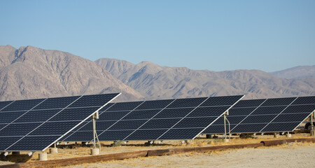 Solar panels or photovoltaic module. Solar panels mounted on large ground mounts. © Romar66