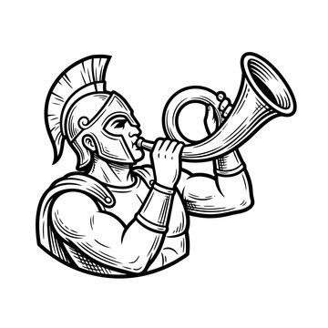 Greek hoplite warrior blowing a war horn line art.