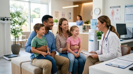 Fototapeta premium Family Consultation in Modern Medical Office with Caring Healthcare Provider