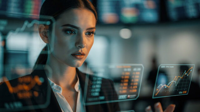 Close-up of woman's face observing futuristic financial data interfaces with charts and graphs, concept for finance, technology and business