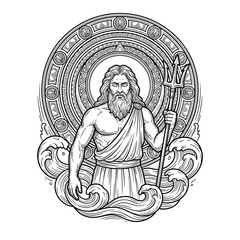 Fototapeta premium Poseidon with trident in ornate circular emblem design.