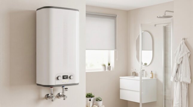 Modern Electric Water Heater Mounted on Wall in Contemporary Bright Bathroom Interior