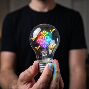 Light bulb integrity check human hand black shirt trust concept ai content policy