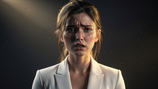 Close-up portrait of a distressed woman with tears streaming down her face, dramatic lighting and bokeh effect, concept for emotional struggle, mental health awareness and empathy