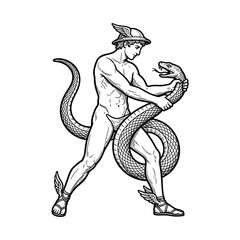 Fototapeta premium Hermes wrestling large serpent in classical woodcut style.