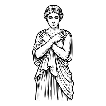 Standing Greek woman in chiton engraving illustration.