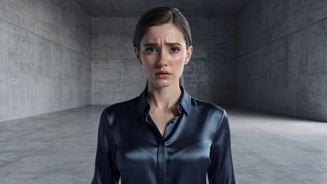 Close-up portrait of a worried woman in a satin shirt, realistic 3D rendering, perfect for mental health awareness, stress management and emotional support campaigns