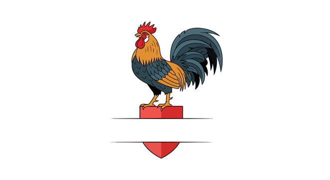 Detailed vector illustration of a Gallic rooster perched atop a red heraldic shield featuring a blank horizontal text banner, isolated on a clean white background.