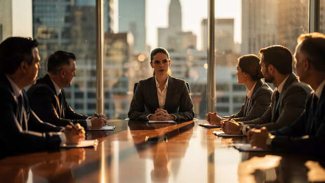 Confident businesswoman leading a board meeting with diverse colleagues, golden hour lighting, perfect for corporate communication, leadership training and executive team planning