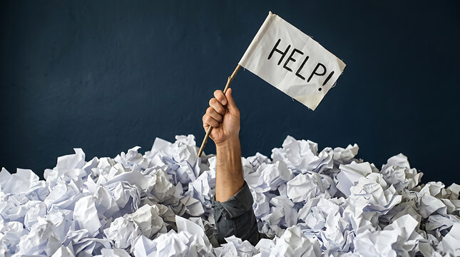 Person buried under pile of papers holds up HELP sign desperately