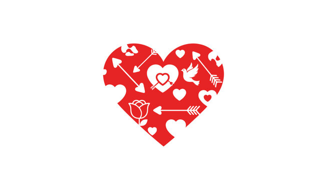 Red heart with white symbols.