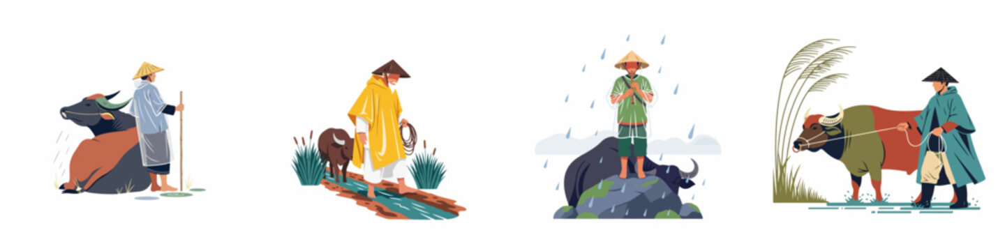 Collection of four illustrations depicting traditional Asian farmers and their water buffaloes in the rainy season, featuring raincoats and conical hats.
