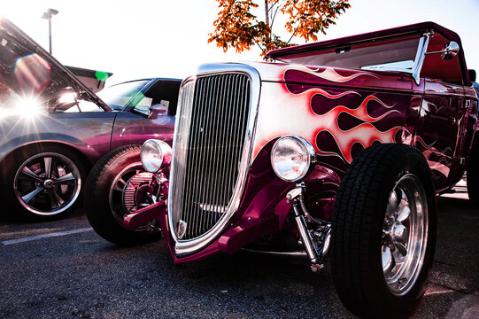 SURREY, BC, CANADA - MAY 22, 2026. - Custom Flame Hot Rod Classic Car with Dramatic Chrome and Bold Paint Job
