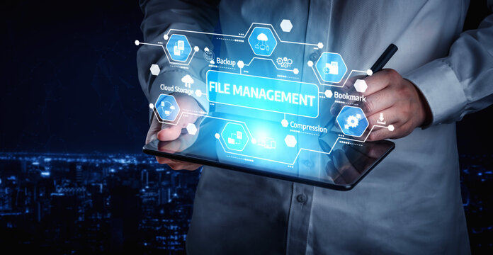 Visualize the future of file management with a digital tablet showcasing data storage concepts like cloud storage, backup, and compression in a modern setting. Tessel