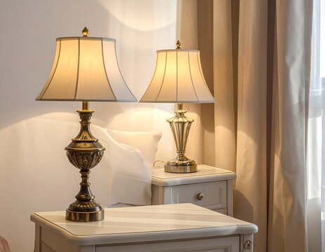 Close-up view of two decorative lamps with beige shades resting on a bedside table next to a window