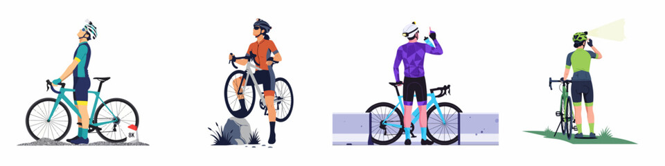 Fototapeta premium Flat vector illustrations of diverse cyclists posing with road bikes, featuring athletic gear and accessories for outdoor sports and healthy active lifestyle themes.