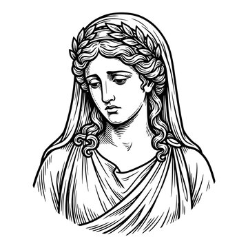 Mourning goddess head with veil portrait engraving