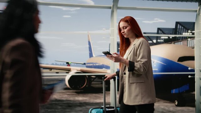 Woman walks through airport terminal with smartphone and luggage, joyous female traveler using a mobile phone for texting in airport terminal, carrying trolley.