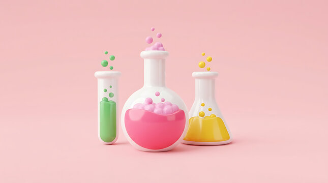 Three colorful beakers with bubbling liquids on a pink surface in a laboratory setting with science equipment.
