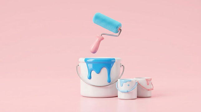 A paint roller dips into a white bucket with blue paint dripping down on a pink surface with two small buckets.
