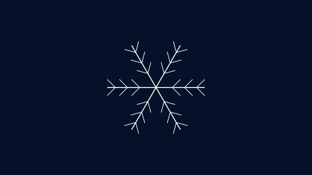 Minimalist 4k white snowflake animation rotating on a dark blue background, for winter holiday christmas