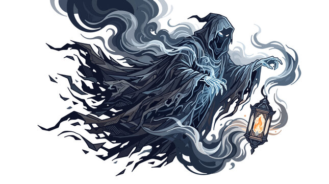 Ancient ghost with torn flowing cloak, mysterious smoke and floating lantern, premium gothic vector illustration, geometric construction, isolated on pure white background, editable vector, no text.