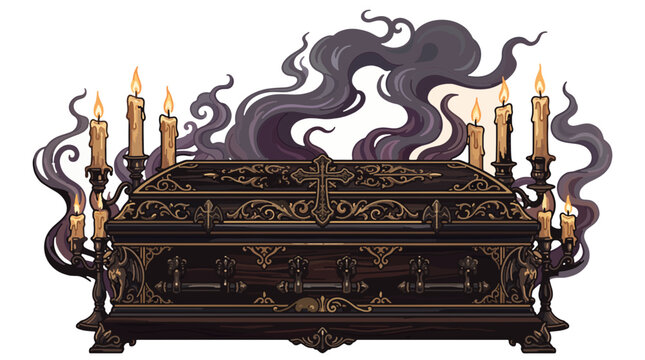 Victorian coffin surrounded by ravens, dry branches and subtle fog, premium Halloween vector artwork, centered composition, isolated on pure white background.