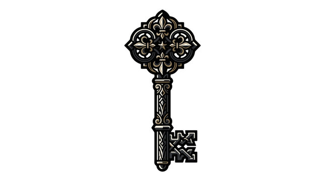 Elegant antique skeleton key with intricate ornamental engravings, vintage-inspired bow, long decorative shaft and detailed teeth, bold streetwear graphic vector illustration, mascot logo style, graff