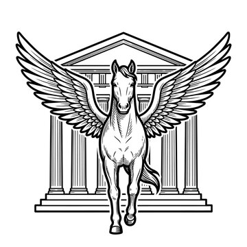 Winged horse Pegasus standing before ancient Greek temple.
