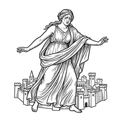 Fototapeta premium Divine goddess towering over medieval city walls drawing.