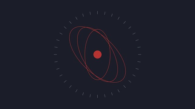 Minimalist atomic orbit animation with rotating red nucleus and electrons for scientific research and technology presentations 4k
