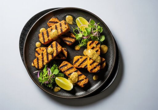 Grilled tempeh sticks with mustard sauce, lime, and herbs on a plate
