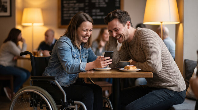 Wheelchair user and friend laughing at phone cafe