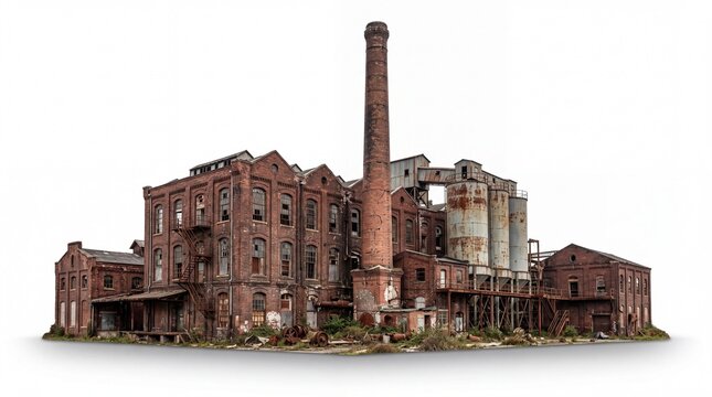 Old abandoned brick factory building with tall chimney