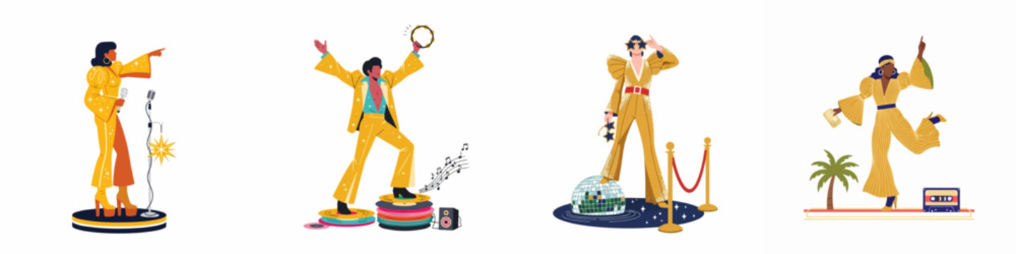 Retro 1970s Disco Characters Collection in Shiny Golden Outfits with Musicians, Dancers, Disco Ball, Vinyl Records, and Cassette Tape Elements