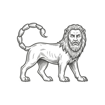 Mythical manticore creature with lion body and scorpion tail.