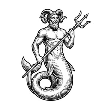 Mythological merman holding sharp trident spear.