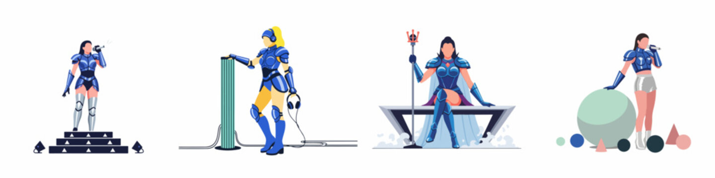 Four vector illustrations of female performers in futuristic blue armor, showcasing singers and DJs in various sci-fi stage settings on a white background.