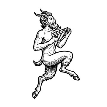 Pan satyr playing pipes mythological woodcut illustration.
