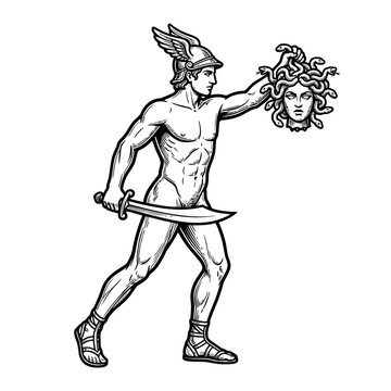 Perseus holding severed head of Medusa woodcut art