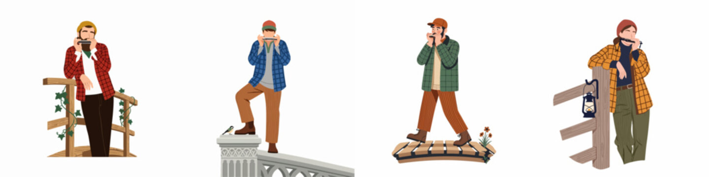 Collection of four illustrations showing diverse individuals playing the harmonica in various outdoor environments, dressed in casual rustic attire like plaid shirts.