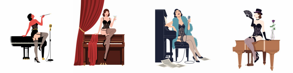 Set of four vintage-style illustrations featuring elegant cabaret singers and performers in lingerie with pianos, microphones, and classic stage elements. © Selfi
