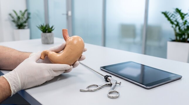 Surgeon holding a stomach anatomical model beside laparoscopic instrument and tablet, concept of bariatric surgery planning, sleeve gastrectomy and digestive health consultation