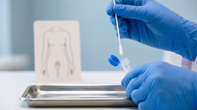 Venereologist preparing a genital swab specimen in a collection tube for STI and HPV testing, with female anatomy diagram in the background