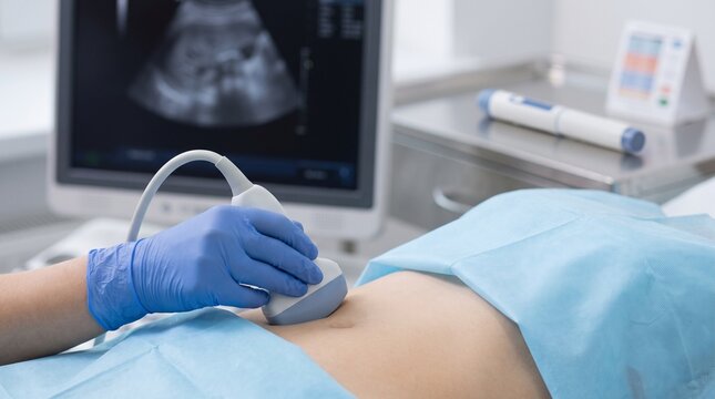 Doctor performing abdominal ultrasound on an overweight adult patient to evaluate liver health, fatty liver disease and metabolic syndrome in a clinical setting