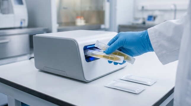 Laboratory specialist loading urine sample tubes into an automated urinalysis analyzer for clinical testing of urinary tract, kidney and bladder health